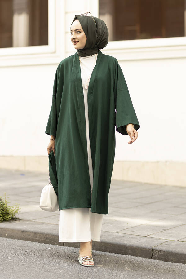 MD - Rahat Kesim Beli Kuşaklı Tesettür Kimono 100MD-10475 Zümrüt (1)