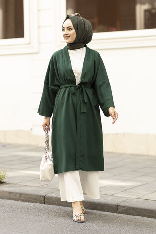 Rahat Kesim Beli Kuşaklı Tesettür Kimono 100MD-10475 Zümrüt - Thumbnail