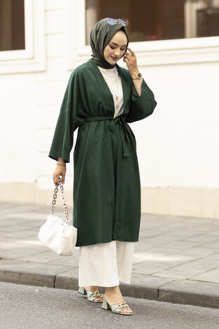 Rahat Kesim Beli Kuşaklı Tesettür Kimono 100MD-10475 Zümrüt - Thumbnail