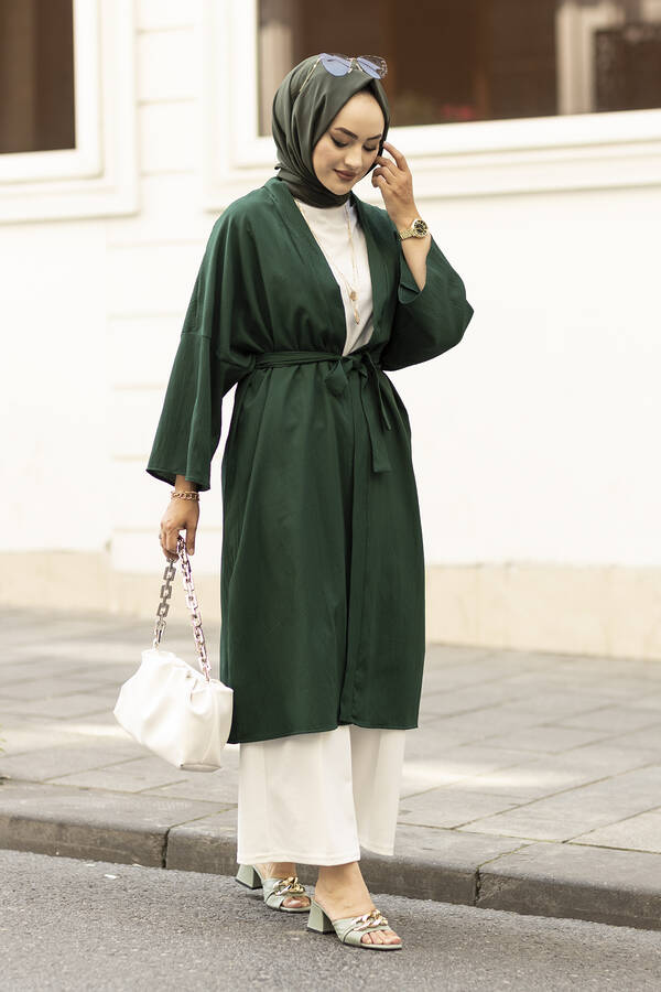 MD - Rahat Kesim Beli Kuşaklı Tesettür Kimono 100MD-10475 Zümrüt