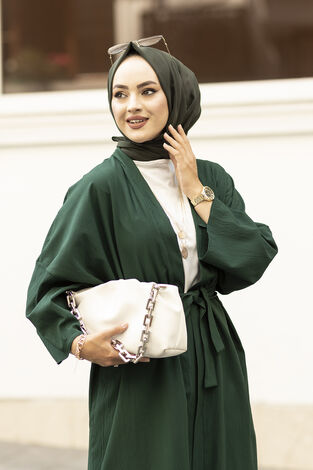 Rahat Kesim Beli Kuşaklı Tesettür Kimono 100MD-10475 Zümrüt - Thumbnail