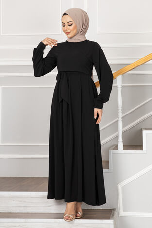 Ravenna Kruvaze Tesettür Elbise Siyah - Thumbnail