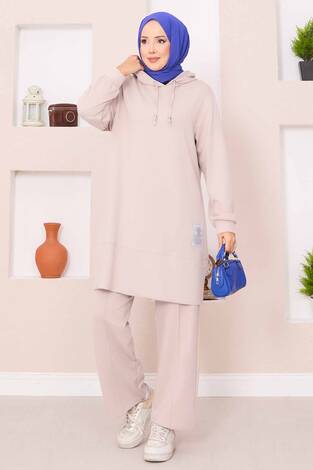 Relax Armalı Kapüşonlu Tesettür İkili Takım Bej - Thumbnail