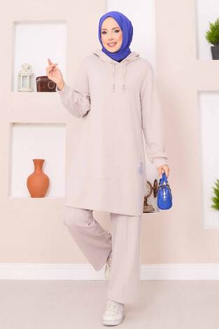 Relax Armalı Kapüşonlu Tesettür İkili Takım Bej