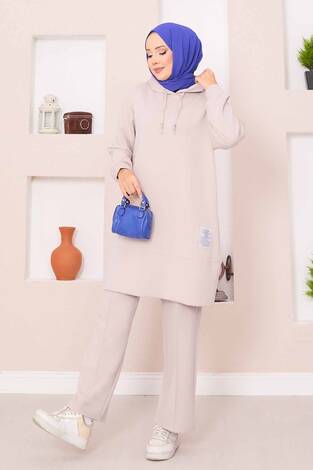 Relax Armalı Kapüşonlu Tesettür İkili Takım Bej - Thumbnail