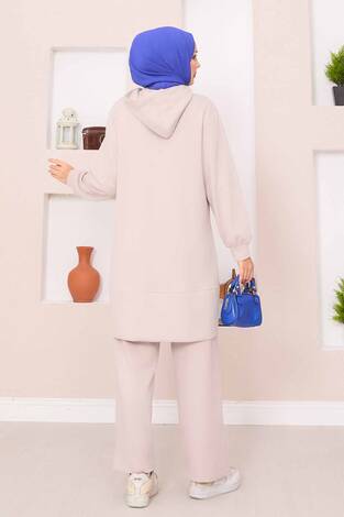 Relax Armalı Kapüşonlu Tesettür İkili Takım Bej - Thumbnail