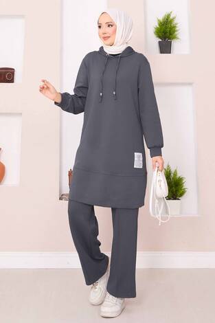 Relax Armalı Kapüşonlu Tesettür İkili Takım Füme - Thumbnail
