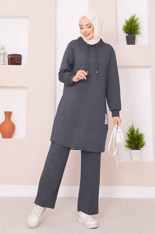 Relax Armalı Kapüşonlu Tesettür İkili Takım Füme - Thumbnail