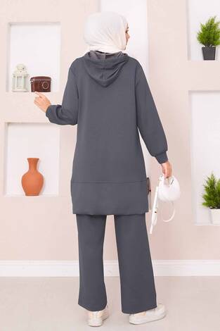Relax Armalı Kapüşonlu Tesettür İkili Takım Füme - Thumbnail
