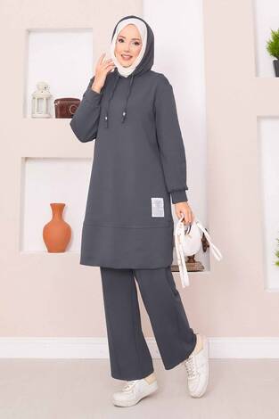 Relax Armalı Kapüşonlu Tesettür İkili Takım Füme - Thumbnail