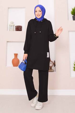 Relax Armalı Kapüşonlu Tesettür İkili Takım Siyah - Thumbnail