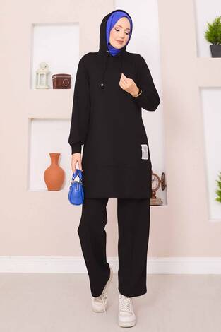 Relax Armalı Kapüşonlu Tesettür İkili Takım Siyah - Thumbnail