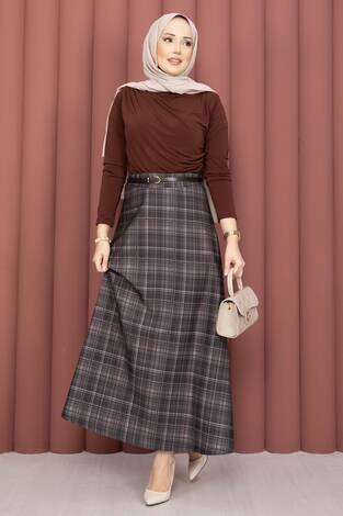 Retro Ekose Desen Scuba Etek Bej - Thumbnail