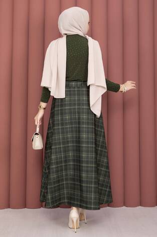 Retro Ekose Desen Scuba Etek Haki - Thumbnail