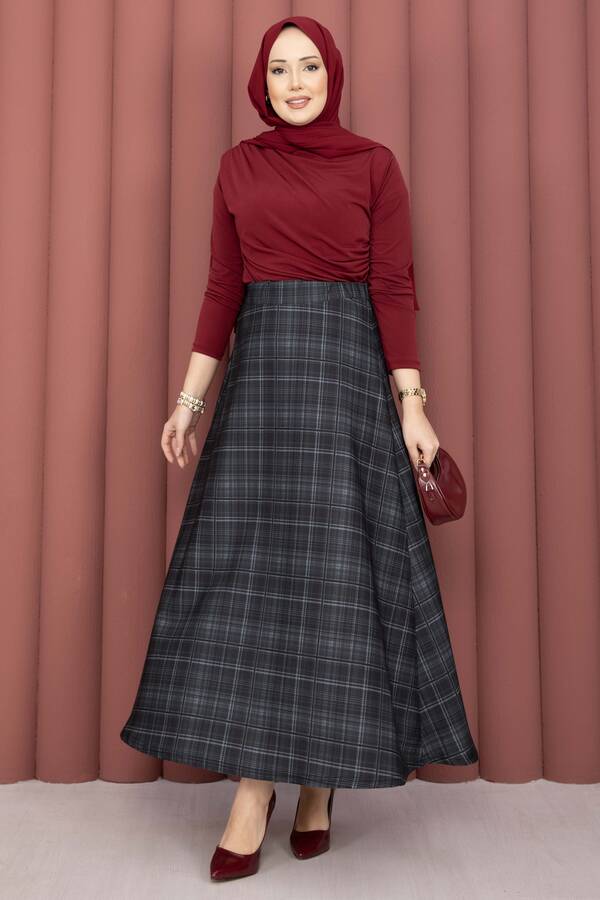 Tkm - Retro Ekose Desen Scuba Etek Siyah