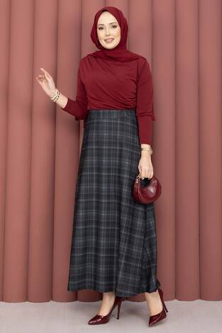 Retro Ekose Desen Scuba Etek Siyah - Thumbnail