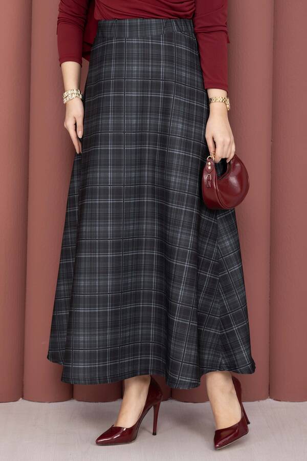 Tkm - Retro Ekose Desen Scuba Etek Siyah (1)