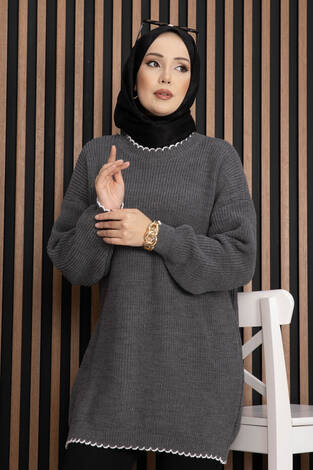 Ribanalı Oversize Triko Kazak Antrasit - Thumbnail