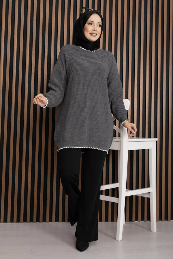 Ribanalı Oversize Triko Kazak Antrasit - 3