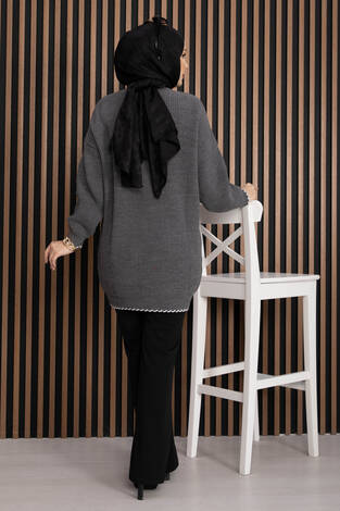 Ribanalı Oversize Triko Kazak Antrasit - Thumbnail