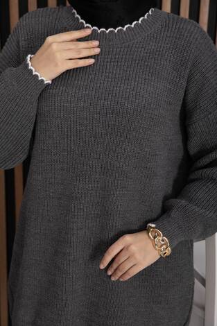 Ribanalı Oversize Triko Kazak Antrasit - Thumbnail