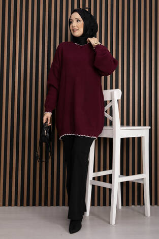 Ribanalı Oversize Triko Kazak Bordo - Thumbnail