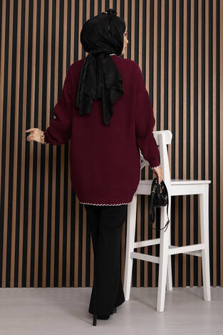 Ribanalı Oversize Triko Kazak Bordo - Thumbnail