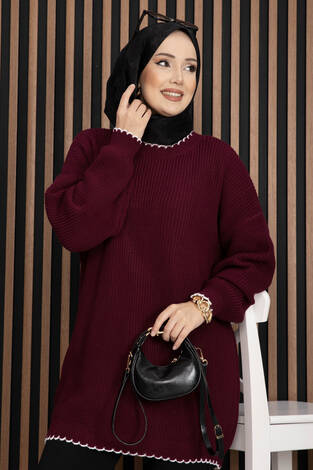 Ribanalı Oversize Triko Kazak Bordo - Thumbnail