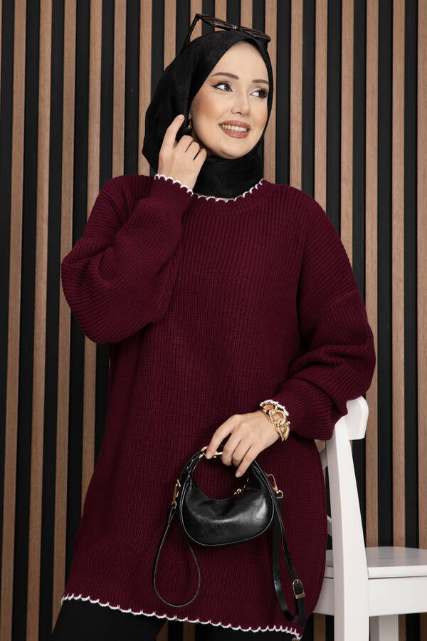 RAF - Ribanalı Oversize Triko Kazak Bordo (1)