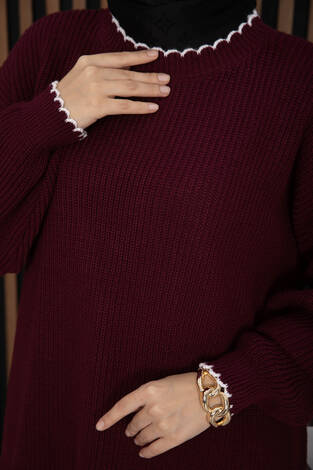 Ribanalı Oversize Triko Kazak Bordo - Thumbnail