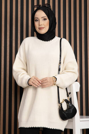 Ribanalı Oversize Triko Kazak Ekru - Thumbnail