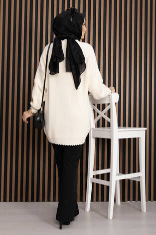 Ribanalı Oversize Triko Kazak Ekru - Thumbnail