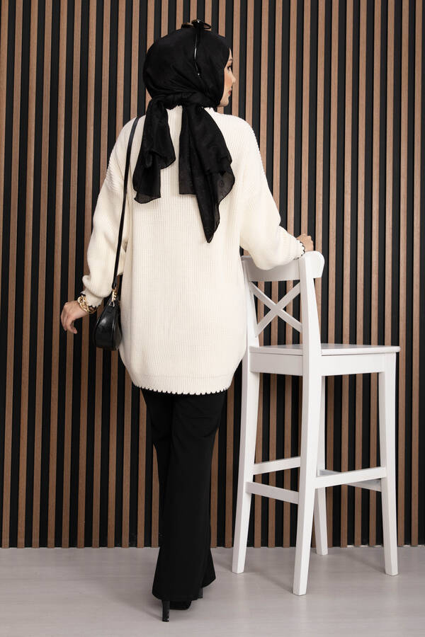 Ribanalı Oversize Triko Kazak Ekru - 4