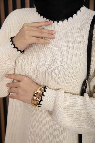 Ribanalı Oversize Triko Kazak Ekru - Thumbnail