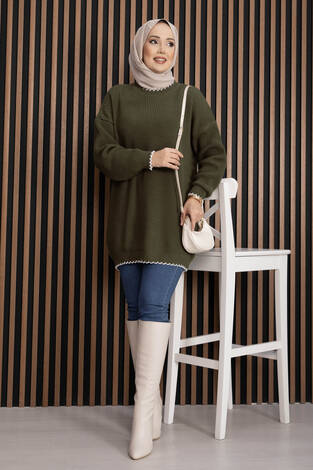 Ribanalı Oversize Triko Kazak Haki - Thumbnail