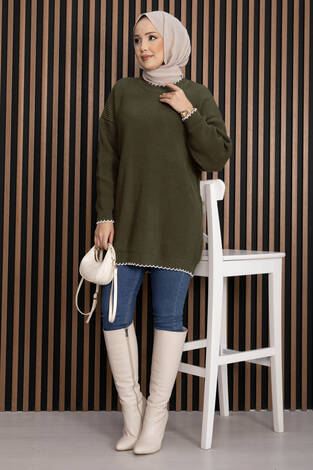 Ribanalı Oversize Triko Kazak Haki - Thumbnail