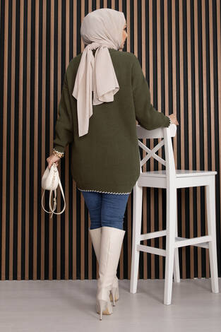 Ribanalı Oversize Triko Kazak Haki - Thumbnail