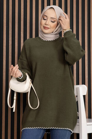 Ribanalı Oversize Triko Kazak Haki - Thumbnail