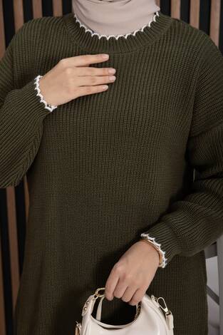 Ribanalı Oversize Triko Kazak Haki - Thumbnail