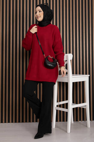 Ribanalı Oversize Triko Kazak Kırmızı - Thumbnail