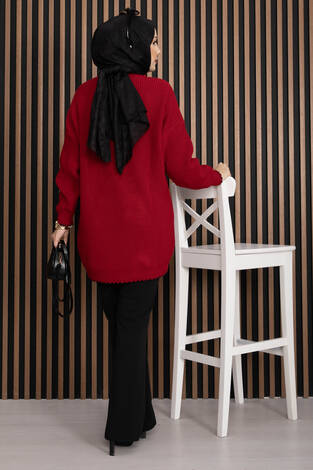 Ribanalı Oversize Triko Kazak Kırmızı - Thumbnail