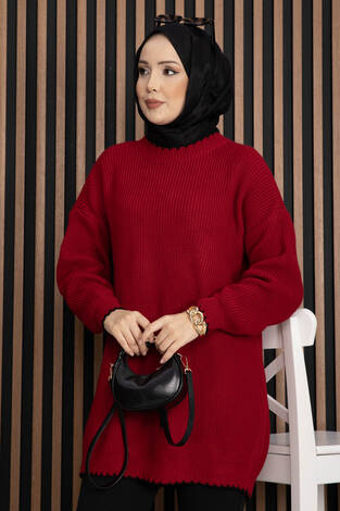 Ribanalı Oversize Triko Kazak Kırmızı - Thumbnail