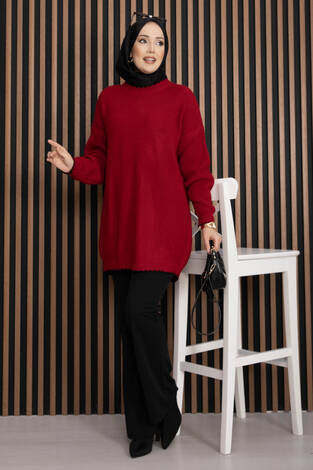 Ribanalı Oversize Triko Kazak Kırmızı - Thumbnail