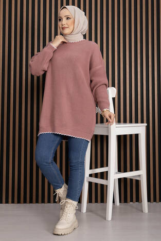 Ribanalı Oversize Triko Kazak Pudra - Thumbnail