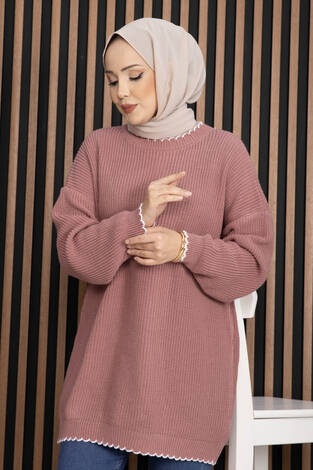 Ribanalı Oversize Triko Kazak Pudra - Thumbnail