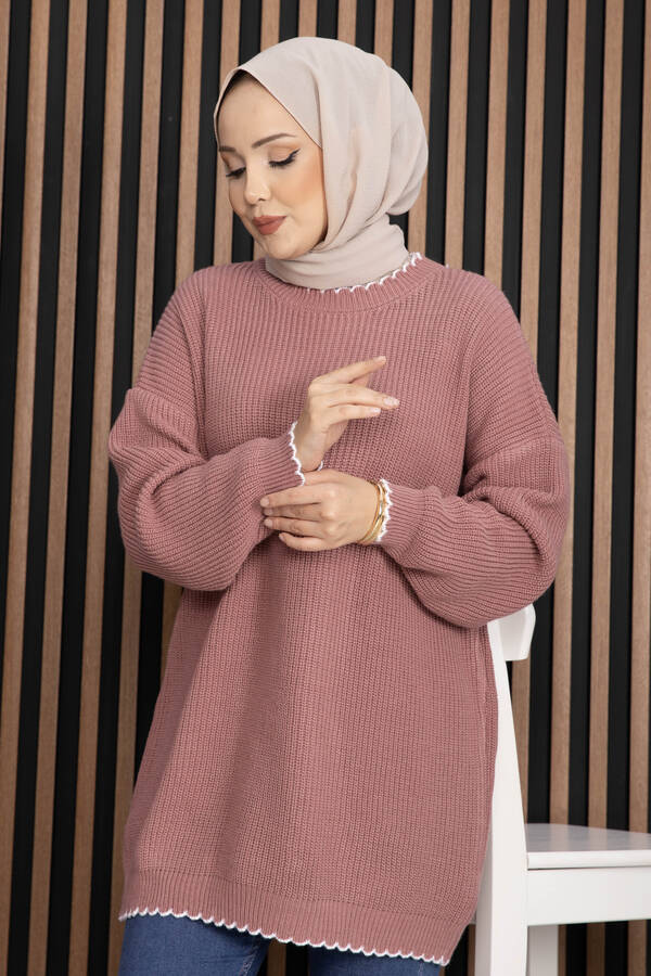 RAF - Ribanalı Oversize Triko Kazak Pudra (1)