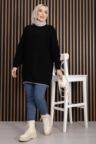 Ribanalı Oversize Triko Kazak Siyah - Thumbnail
