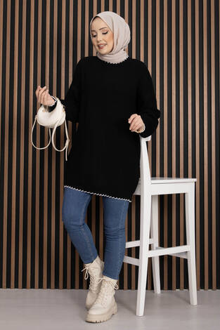 Ribanalı Oversize Triko Kazak Siyah - Thumbnail