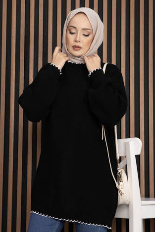 Ribanalı Oversize Triko Kazak Siyah - Thumbnail