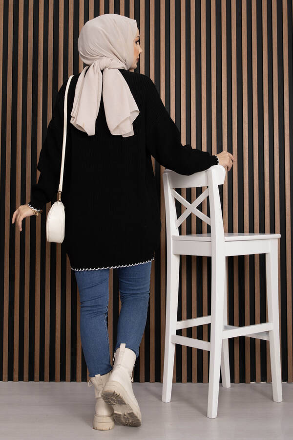 Ribanalı Oversize Triko Kazak Siyah - 6